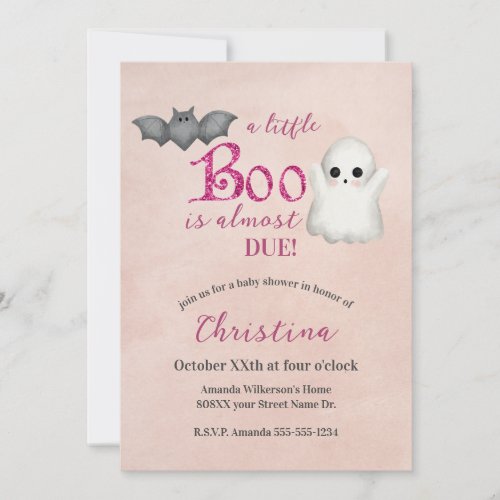 Cute Halloween Ghost Pink Girl Baby Shower Invitation