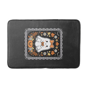 Cute Halloween Ghost Pumpkin Floral T-Shirt Design Bath Mat