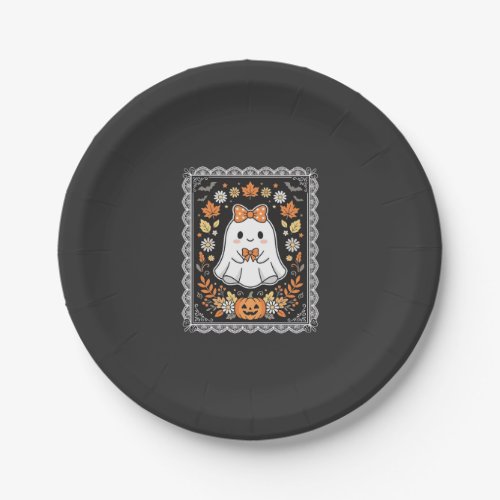 Cute Halloween Ghost Pumpkin Floral T-Shirt Design Paper Plates