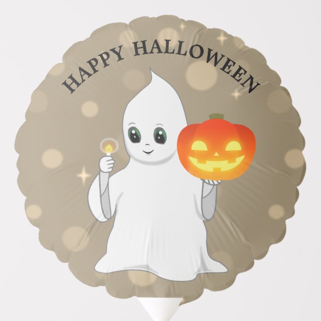 Cute Halloween Ghost & Pumpkin on Beige Balloon (Front)