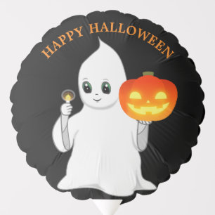 Cute Halloween Ghost & Pumpkin on Black Balloon