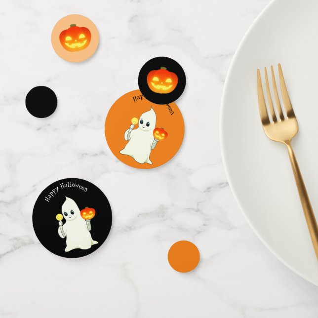 Cute Halloween Ghost, Pumpkin on Black & Orange Confetti (Group)