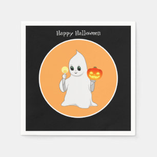 Cute Halloween Ghost & Pumpkin on Black & Orange Napkins