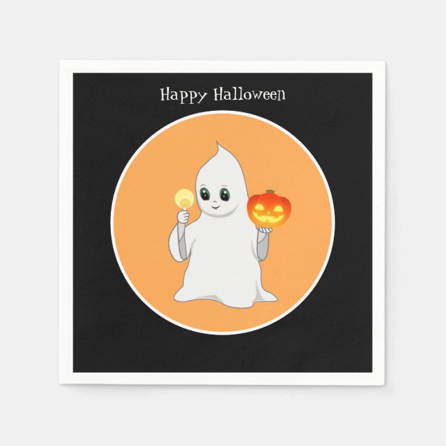 Cute Halloween Ghost & Pumpkin on Black & Orange Napkins (Front)