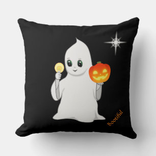 Cute Halloween Ghost & Pumpkin on Black Throw Pillow