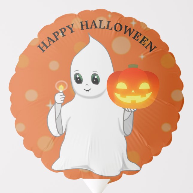 Cute Halloween Ghost & Pumpkin on Orange Balloon (Front)