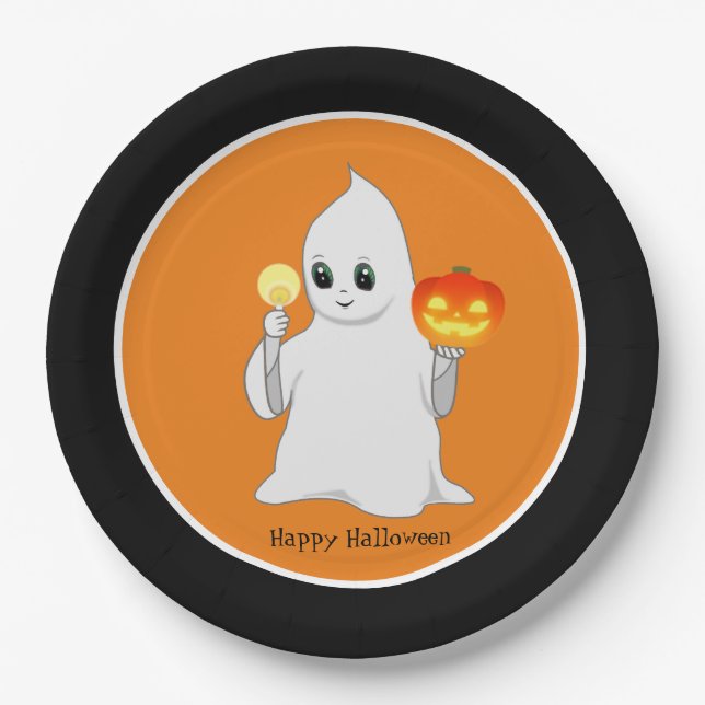 Cute Halloween Ghost & Pumpkin on Orange & Black Paper Plates (Front)