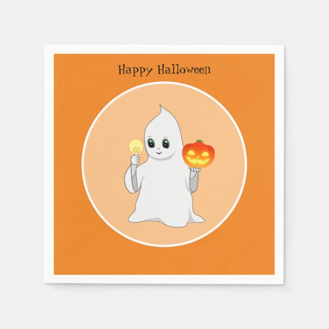 Cute Halloween Ghost & Pumpkin on Orange Napkins (Front)