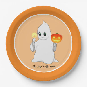 Cute Halloween Ghost & Pumpkin on Orange Paper Plates