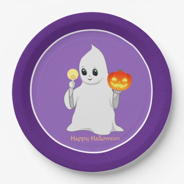 Cute Halloween Ghost & Pumpkin on Purple Paper Plates (Front)