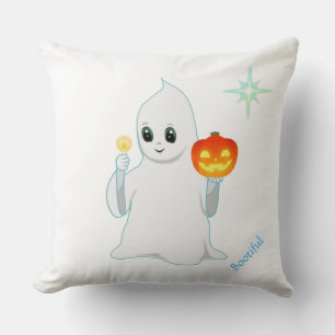 Cute Halloween Ghost & Pumpkin on White Throw Pillow