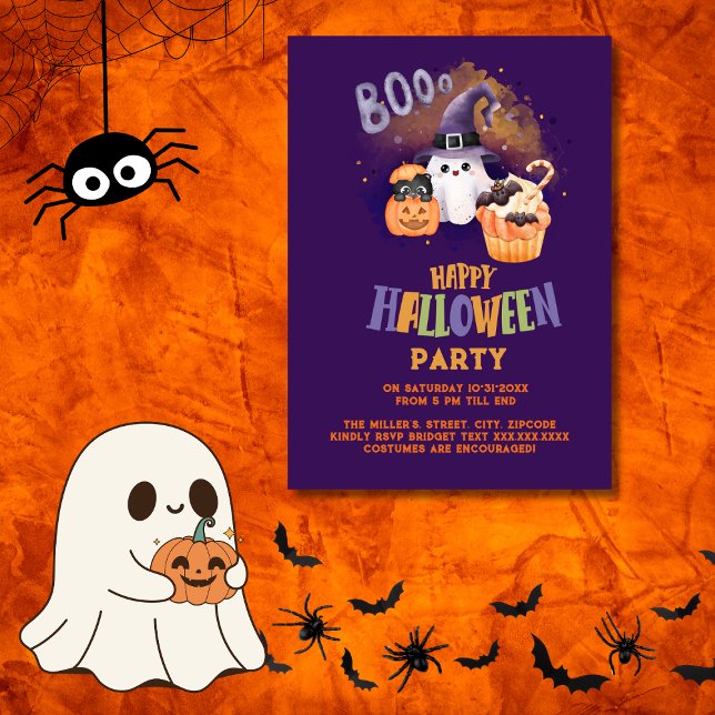 cute Halloween Ghost & Pumpkin purple party  Invitation (Creator Uploaded)