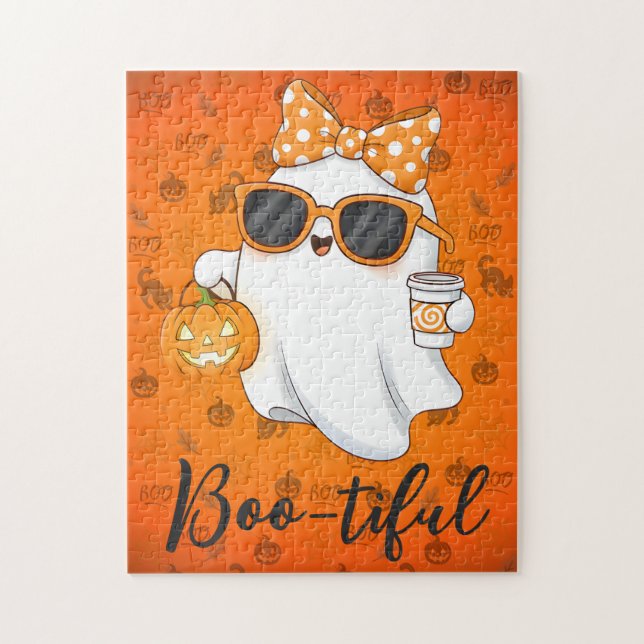 Cute Halloween Ghost Pumpkin Spice Personalized Jigsaw Puzzle (Vertical)