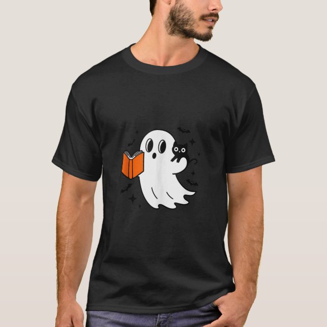 Cute Halloween Ghost Reading a Book with Black Cat T-Shirt (Front)
