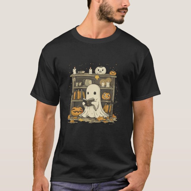 Cute Halloween Ghost Reading Book Bookshelf Spooky T-Shirt (Front)