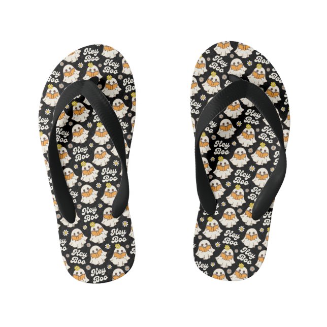 Cute Halloween Ghost Retro Spooky Boo Black Kid's Flip Flops (Footbed)