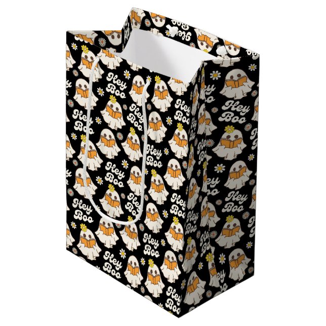 Cute Halloween Ghost Retro Spooky Boo Black Medium Gift Bag (Front Angled)