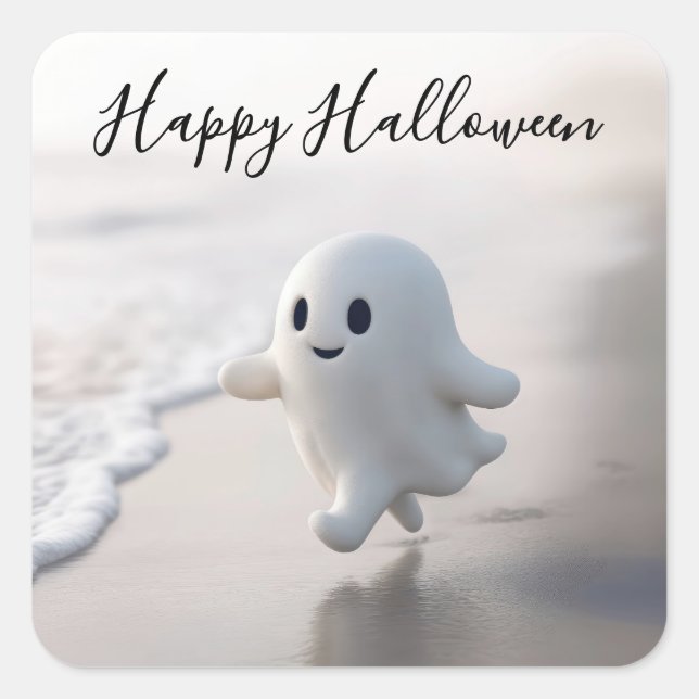 Cute Halloween Ghost Running On a Beach Square Sticker (Front)