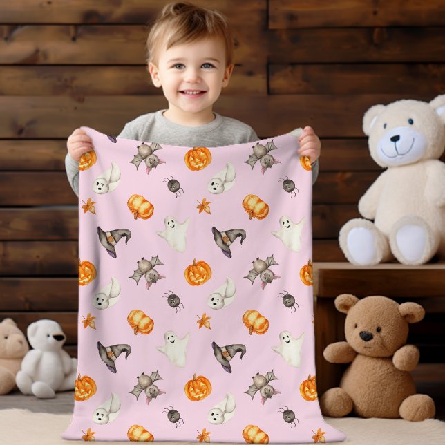 Cute Halloween Ghost Spider Hat Watercolor Pattern Fleece Blanket (Creator Uploaded)
