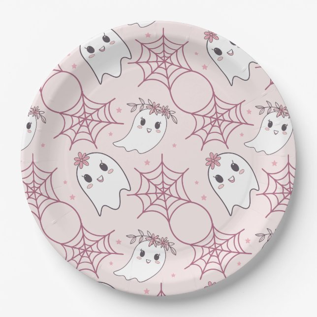 Cute Halloween Ghost & Spiderweb Pattern (2) Paper Plates (Front)