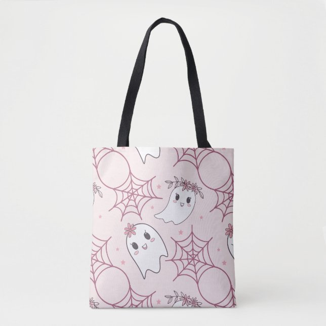 Cute Halloween Ghost & Spiderweb Pattern (2) Tote Bag (Front)