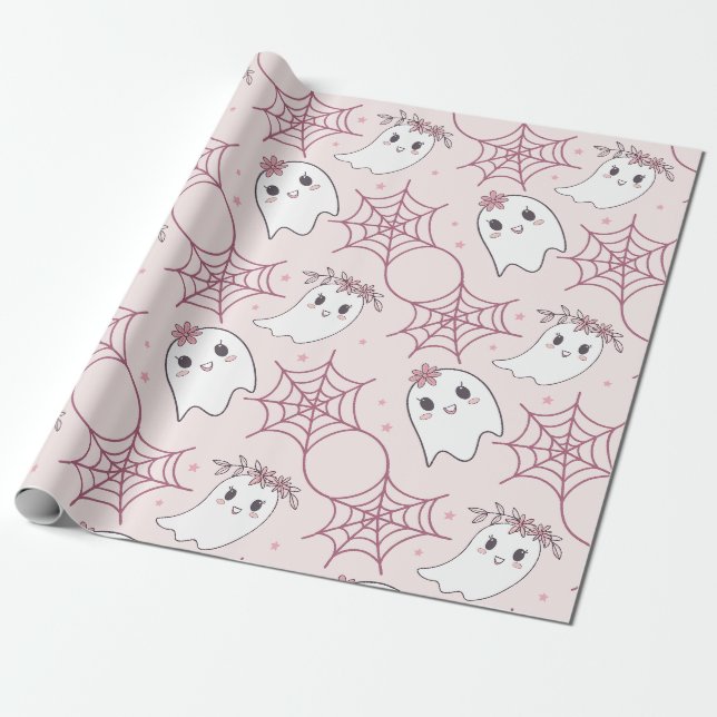 Cute Halloween Ghost & Spiderweb Pattern (2) Wrapping Paper (Unrolled)