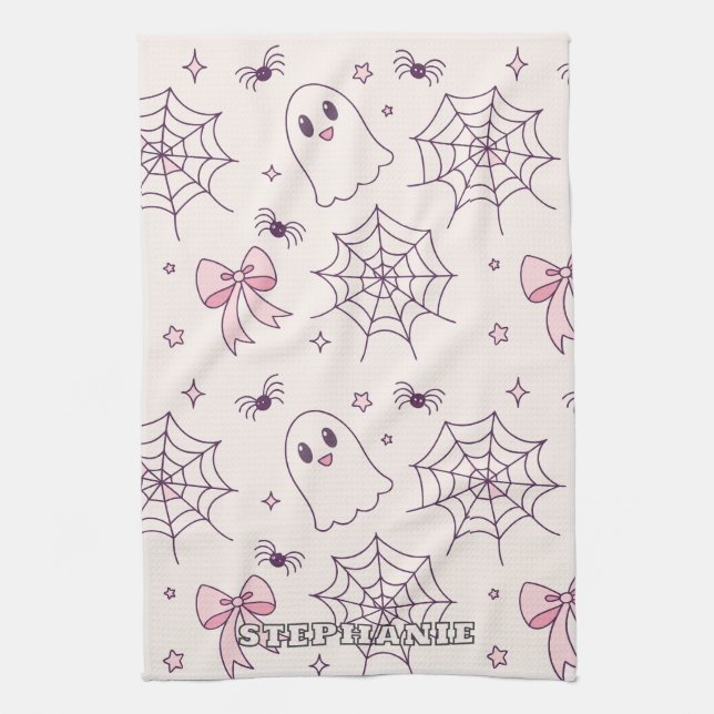 Cute Halloween Ghost & Spiderweb Pattern Kitchen Towel (Vertical)