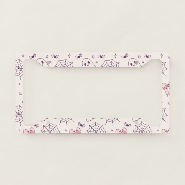 Cute Halloween Ghost & Spiderweb Pattern License Plate Frame (Front)