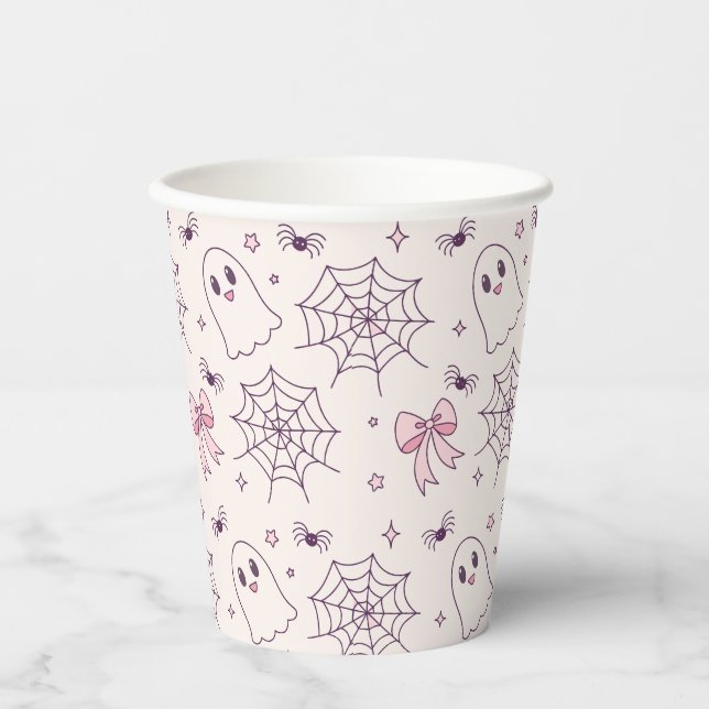 Cute Halloween Ghost & Spiderweb Pattern Paper Cups (Front)