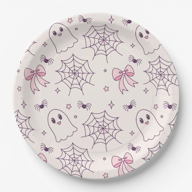 Cute Halloween Ghost & Spiderweb Pattern Paper Plates (Front)