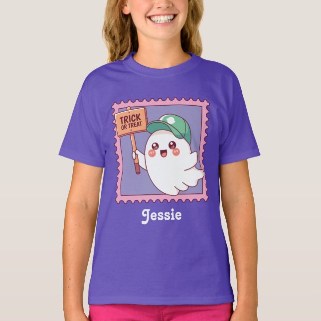 Cute Halloween Ghost Trick or Treat Kids Custom T-Shirt (Front)