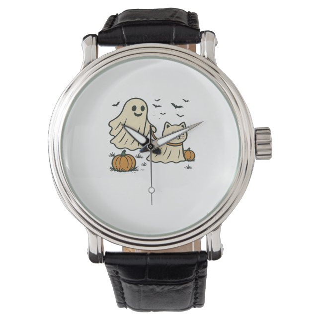 Cute Halloween Ghost Walking Ghost Cat Classic T-S Watch (Front)