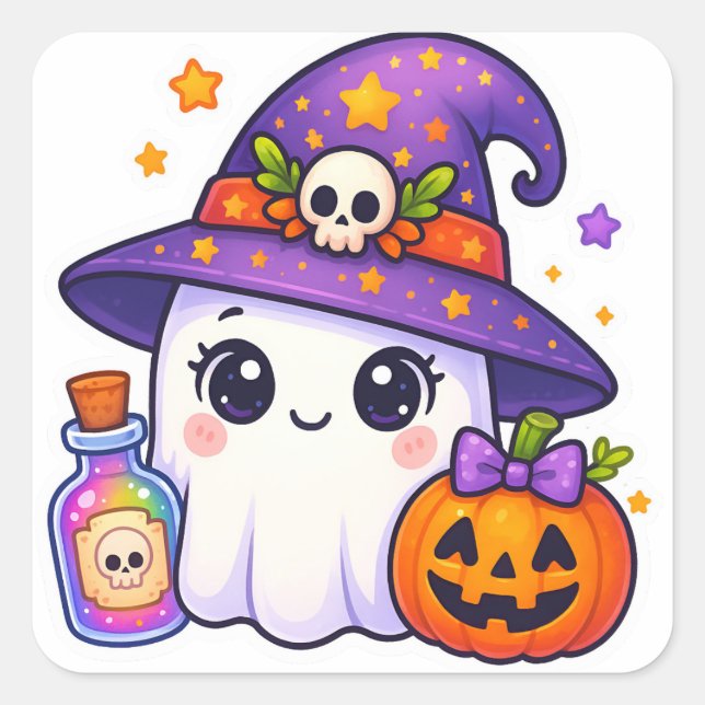 Cute Halloween Ghost Witch Sticker – Kawaii Ghost  (Front)