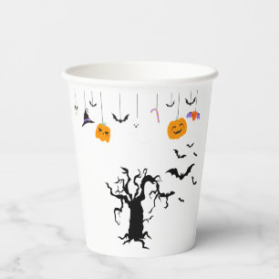 Cute Halloween Ghost Witch with Broom and Pumpkin Paper Cups