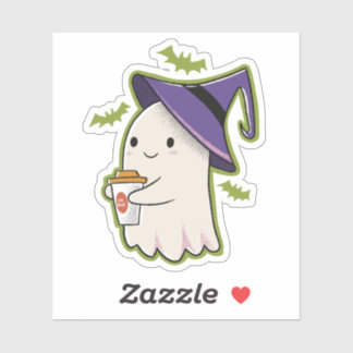 Cute Halloween Ghost with Coffee Cup Sticker