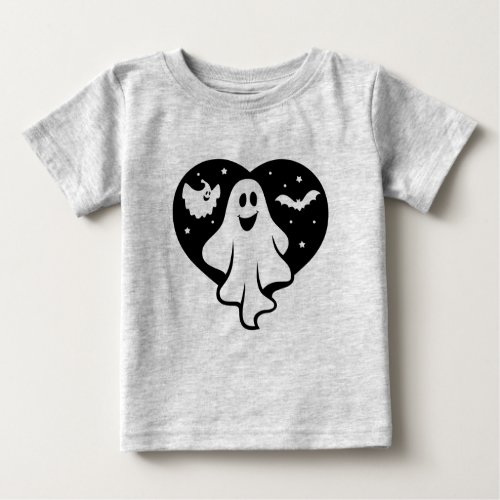 Cute Halloween Ghost With Heart And Bat Baby T_Shirt