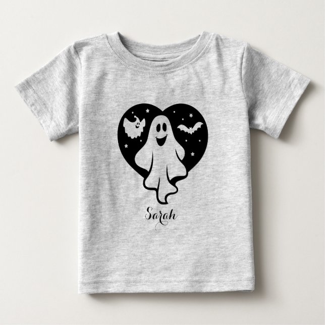 Cute Halloween Ghost With Heart And Bat Baby T-Shirt (Front)