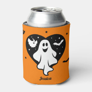 Cute Halloween Ghost With Heart And Bat Can Cooler