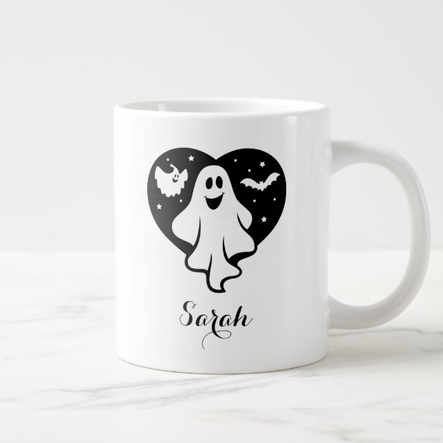 Cute Halloween Ghost With Heart And Bat Giant Coffee Mug (Right)