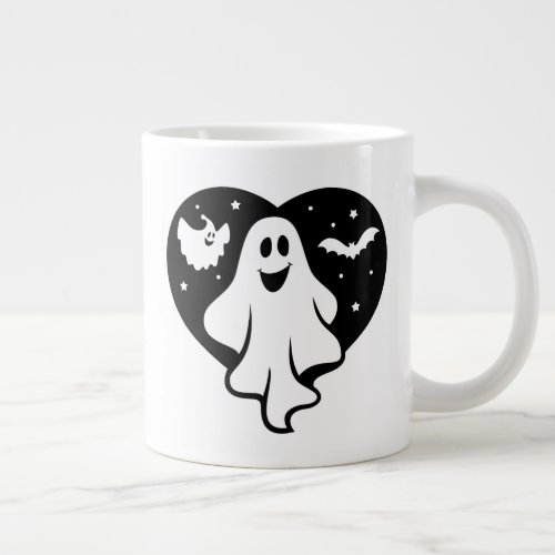 Cute Halloween Ghost With Heart And Bat Giant Coffee Mug