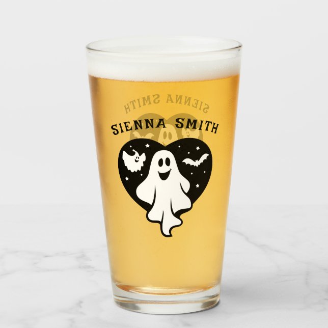 Cute Halloween Ghost With Heart And Bat  Glass (Front Filled)