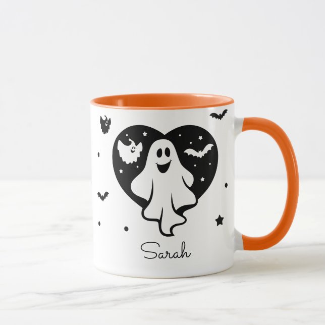 Cute Halloween Ghost With Heart And Bat Mug (Right)