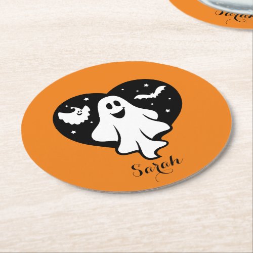 Cute Halloween Ghost With Heart And Bat Round Paper Coaster