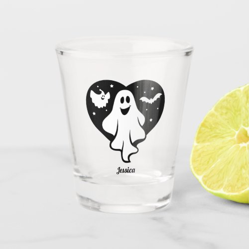 Cute Halloween Ghost With Heart And Bat Shot Glass