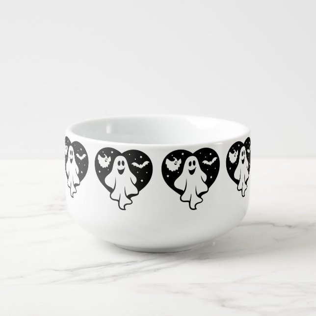 Cute Halloween Ghost With Heart And Bat  Soup Mug (Front)