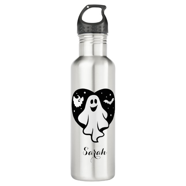 Cute Halloween Ghost With Heart And Bat Stainless Steel Water Bottle (Front)