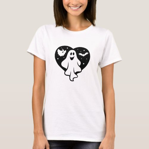 Cute Halloween Ghost With Heart And Bat T_Shirt
