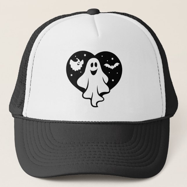 Cute Halloween Ghost With Heart And Bat Trucker Hat (Front)