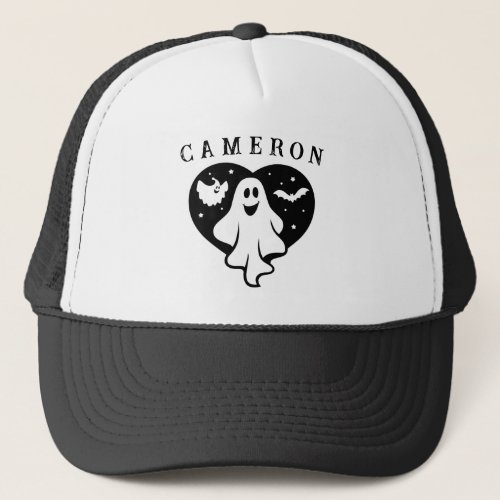 Cute Halloween Ghost With Heart And Bat Trucker Hat
