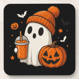 Cute Halloween Ghost with Pumpkin and Drink Beverage Coaster